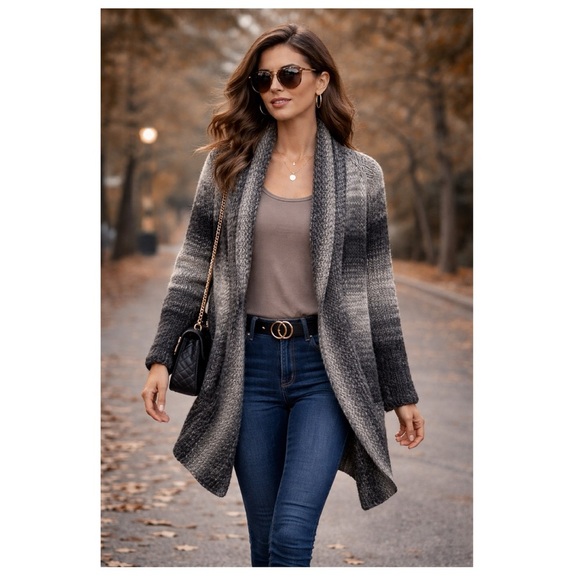 unbranded Sweaters - Chunky Knit Open Front Cardigan Grey Ombré Sz L/XL Oversized Cozy Baggy Soft